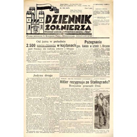 Dziennik Żołnierza. [...] Pismo żołnierzy I. Korpusu Panc.-Motorowego. R.3 (1942). Nr 134 (667) (9 października 1942)