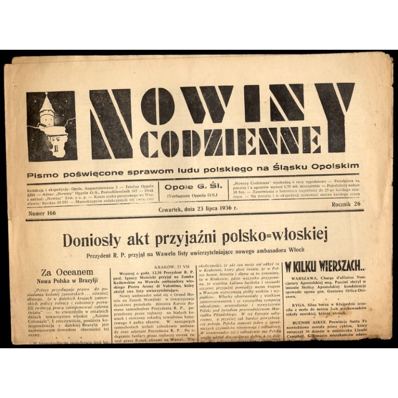 Nowiny Codzienne. Pismo poświęcone sprawom ludu polskiego na Śląsku Opolskim. R.26 (1936). Nr 166 (23 lipca 1936)