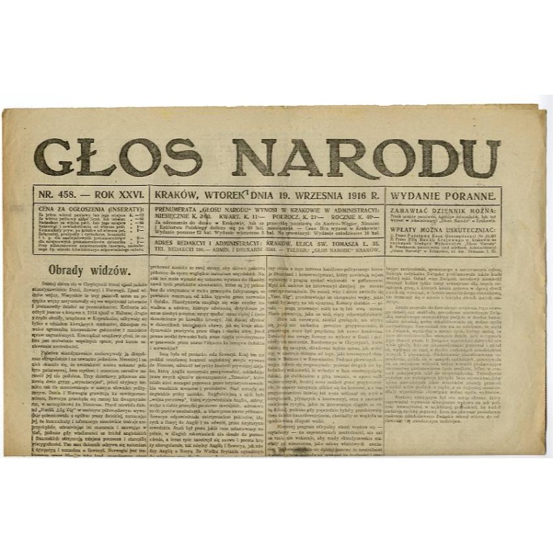 Głos Narodu. R.26 (1916). Nr 458 (19 listopada 1916). Wydanie poranne