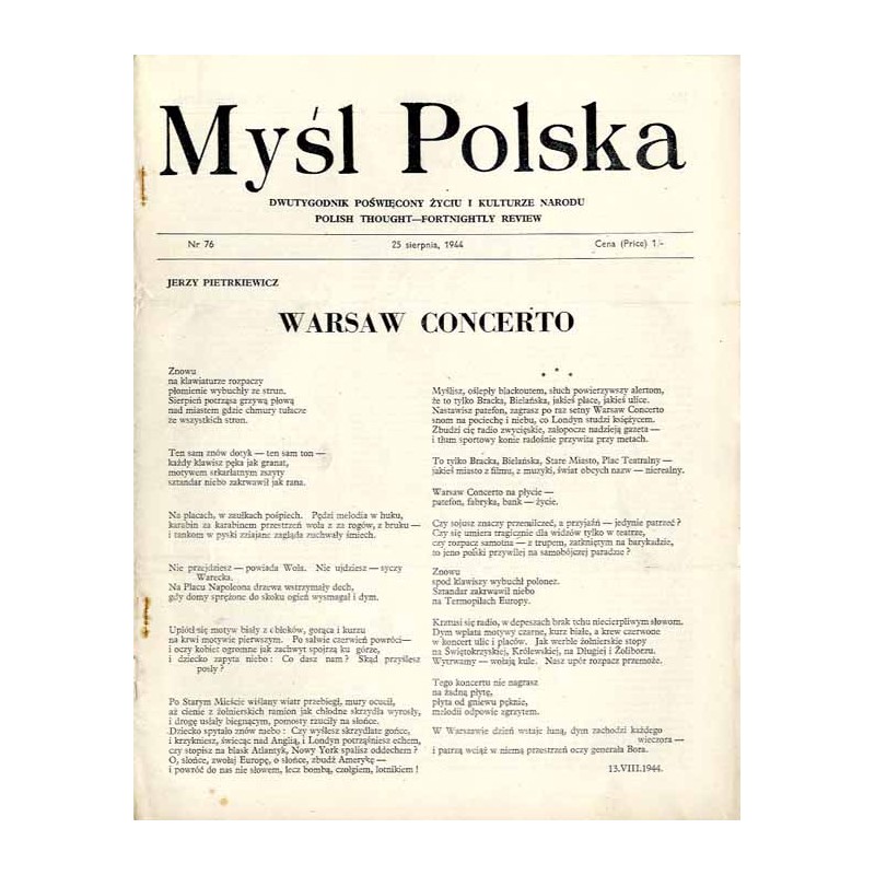 Myśl Polska. Dwutygodnik poświęcony życiu i kulturze narodu  Polish Thought. Fortnightly review. [R.4] (1944). Nr 76 (25 sierpn