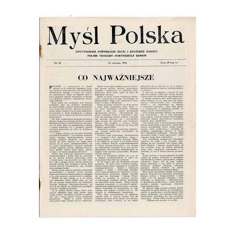 Myśl Polska. Dwutygodnik poświęcony życiu i kulturze narodu  Polish Thought. Fortnightly review. [R.5] (1945). Nr 93 (20 czerwc
