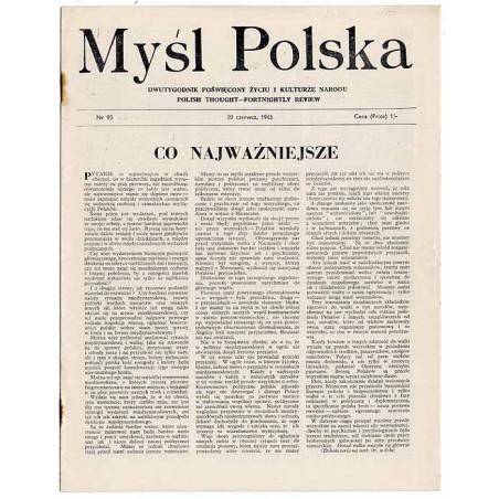 Myśl Polska. Dwutygodnik poświęcony życiu i kulturze narodu  Polish Thought. Fortnightly review. [R.5] (1945). Nr 93 (20 czerwc