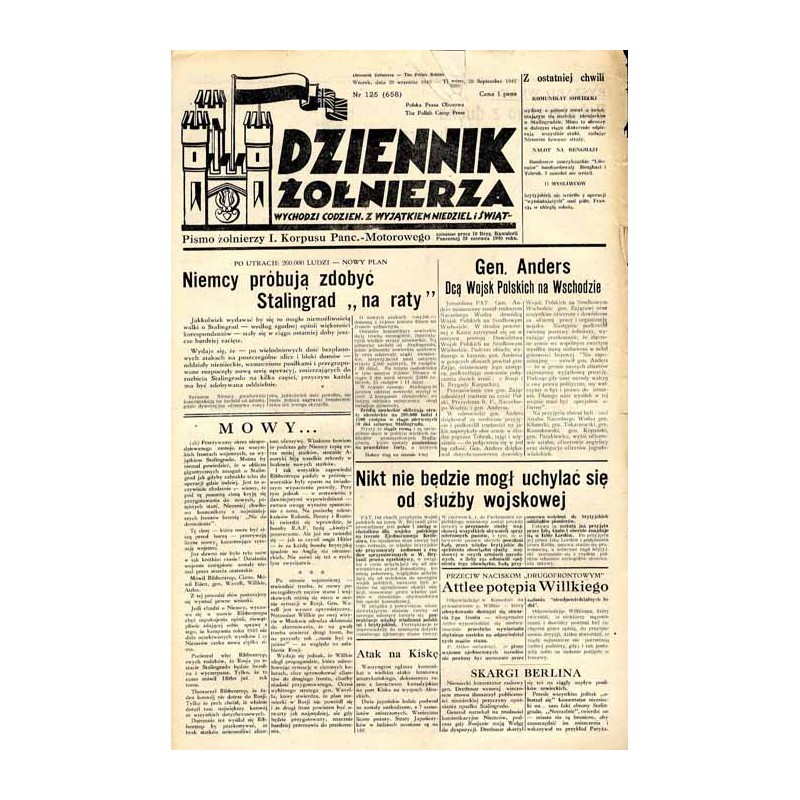 Dziennik Żołnierza. [...] Pismo żołnierzy I. Korpusu Panc.-Motorowego. R.3 (1942). Nr 125 (658) (29 września 1942) / Gen. Anders