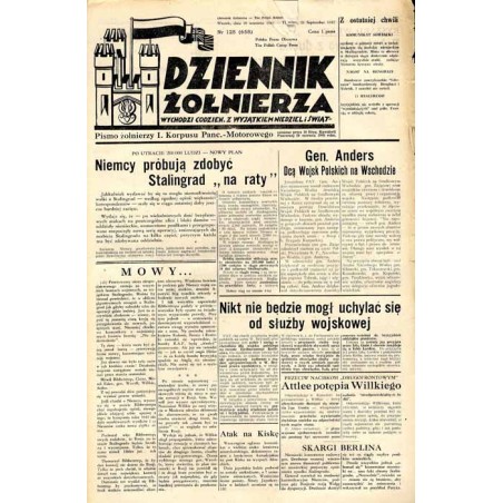 Dziennik Żołnierza. [...] Pismo żołnierzy I. Korpusu Panc.-Motorowego. R.3 (1942). Nr 125 (658) (29 września 1942) / Gen. Anders