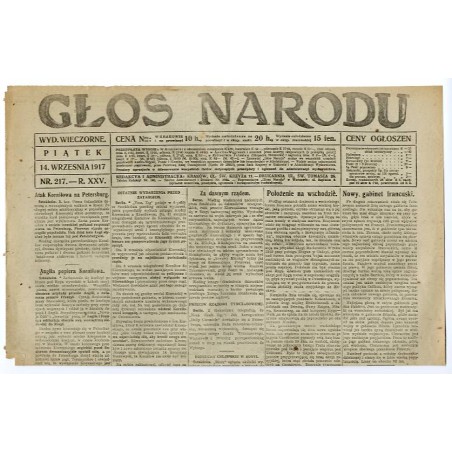 Głos Narodu. R.25 (1917). Nr 217 (14 września 1917). Wydanie wieczorne