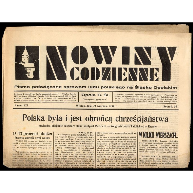 Nowiny Codzienne. Pismo poświęcone sprawom ludu polskiego na Śląsku Opolskim. R.26 (1936). Nr 224 (29 września 1936)