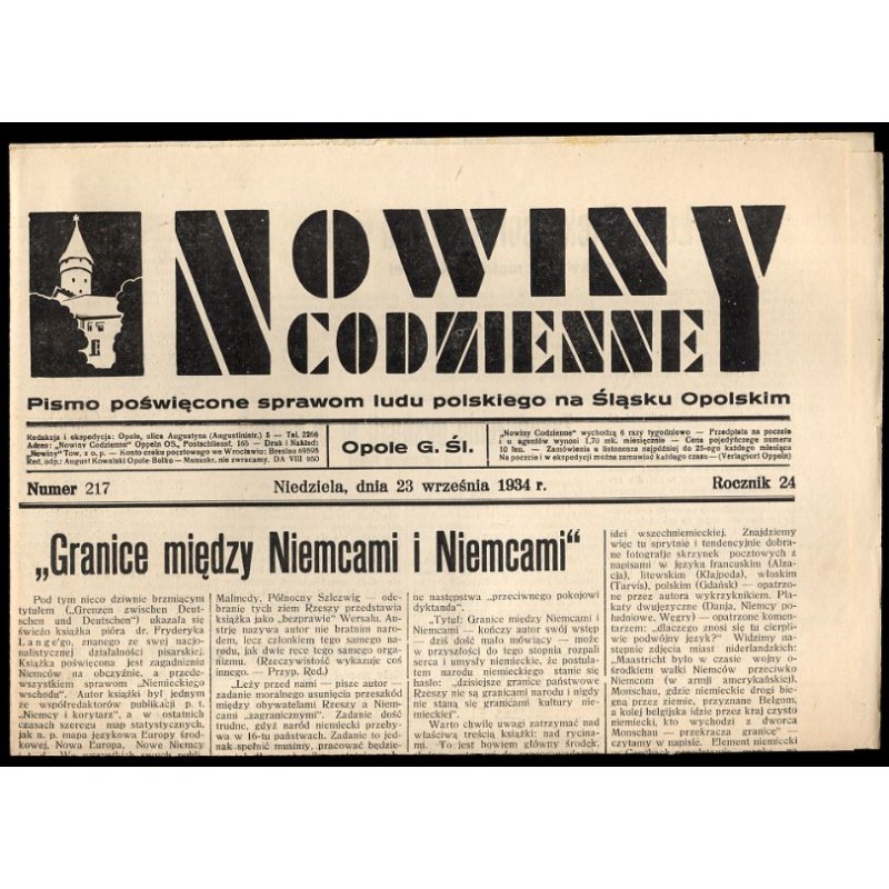 Nowiny Codzienne. Pismo poświęcone sprawom ludu polskiego na Śląsku Opolskim. R.24 (1934). Nr 217 (23 września 1934)