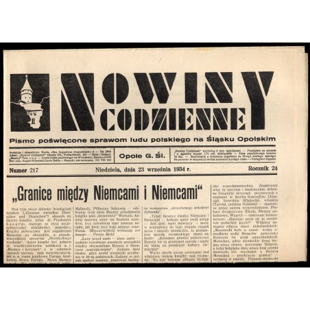 Nowiny Codzienne. Pismo poświęcone sprawom ludu polskiego na Śląsku Opolskim. R.24 (1934). Nr 217 (23 września 1934)