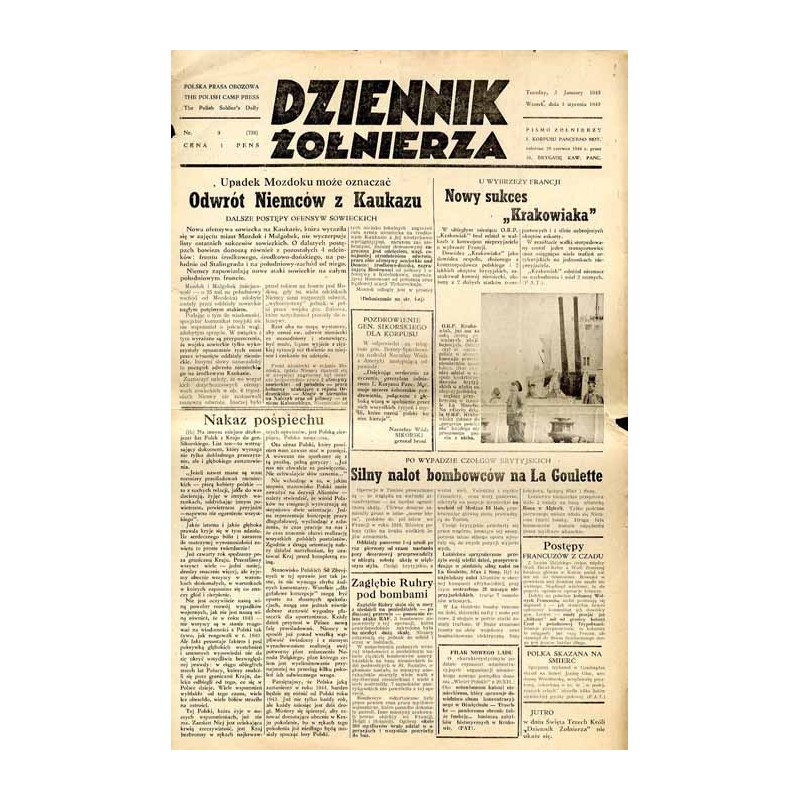 Dziennik Żołnierza. Polska prasa obozowa. Pismo żołnierzy 1. Korpusu Pancerno Mot. R.4 (1943). Nr 3 (738) (5 stycznia 1943) / OR