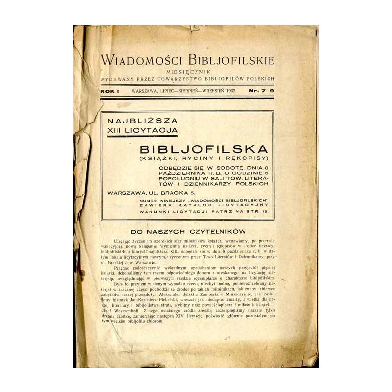 Wiadomości Bibljofilskie. Miesięcznik wydawany przez Towarzystwo Bibljofilów Polskich. R.1 (1932). Nr 7-9 (Lipiec-Sierpień-Wrzes