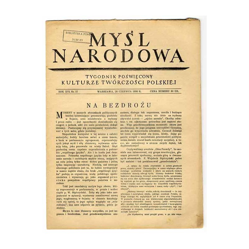 Myśl Narodowa. Tygodnik poświęcony kulturze twórczości polskiej. R.16 (1936). Nr 27 (28 czerwca 1936)