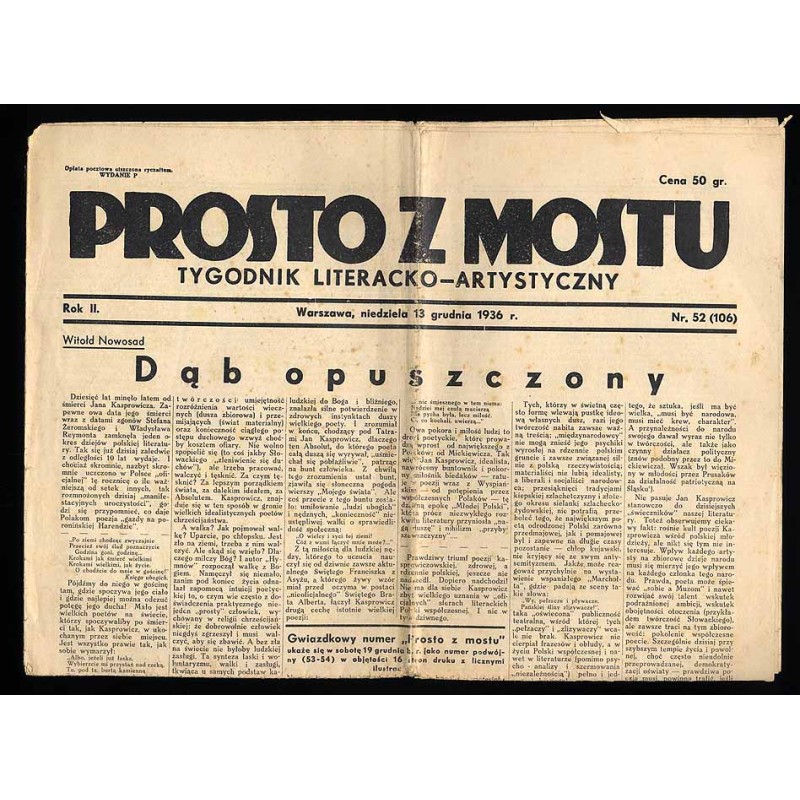 Prosto z Mostu. Tygodnik literacko-artystyczny. R.2 (1936). Nr 52 (106) (13 grudnia 1936)
