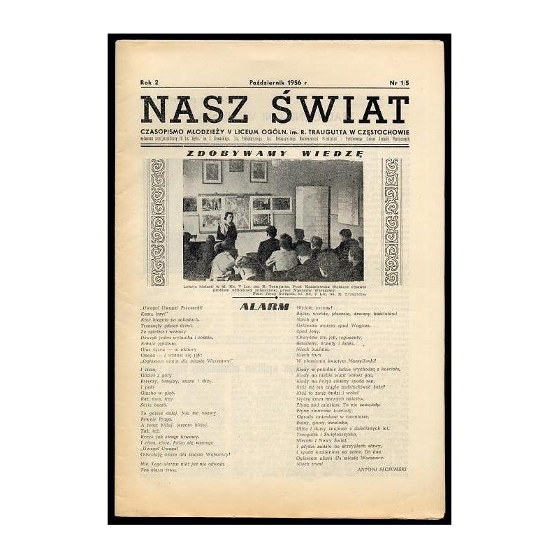 Nasz Świat. Czasopismo młodzieży V Liceum Ogóln. im. R. Traugutta w Częstochowie. R.2 (1956). Nr 1 (5) (Październik 1956)