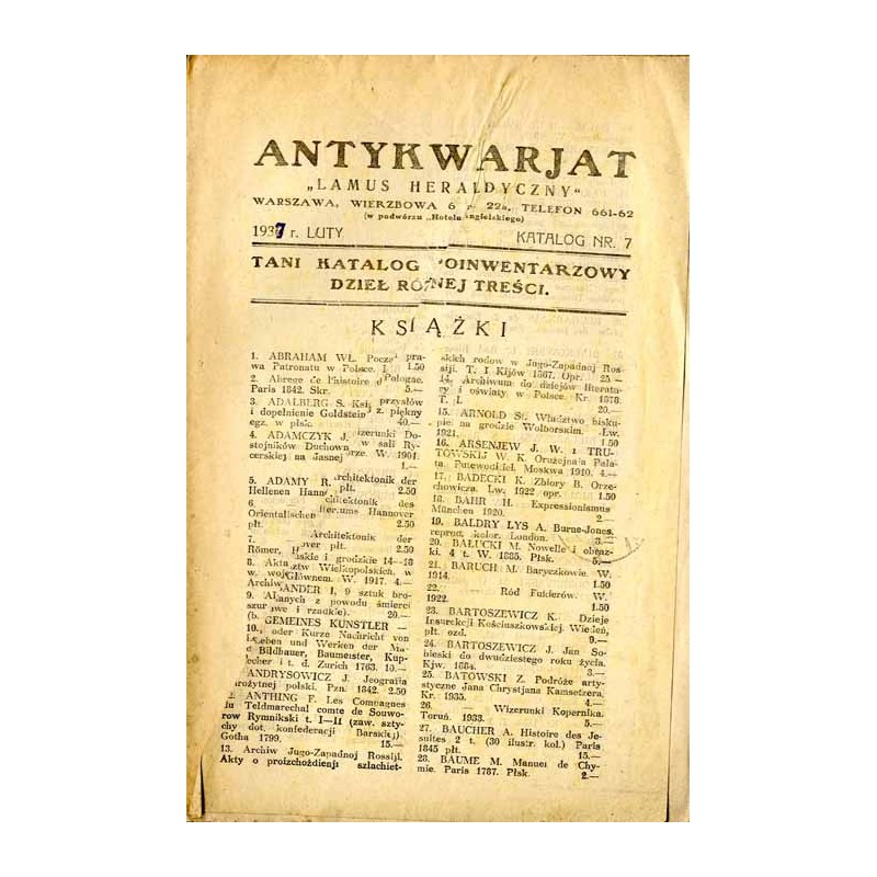 Antykwarjat "Lamus Heraldyczny", Warszawa, Wierzbowa 6 [...] (1937). Katalog Nr 7 (luty 1937). Tani katalog poinwentarzowy dzieł