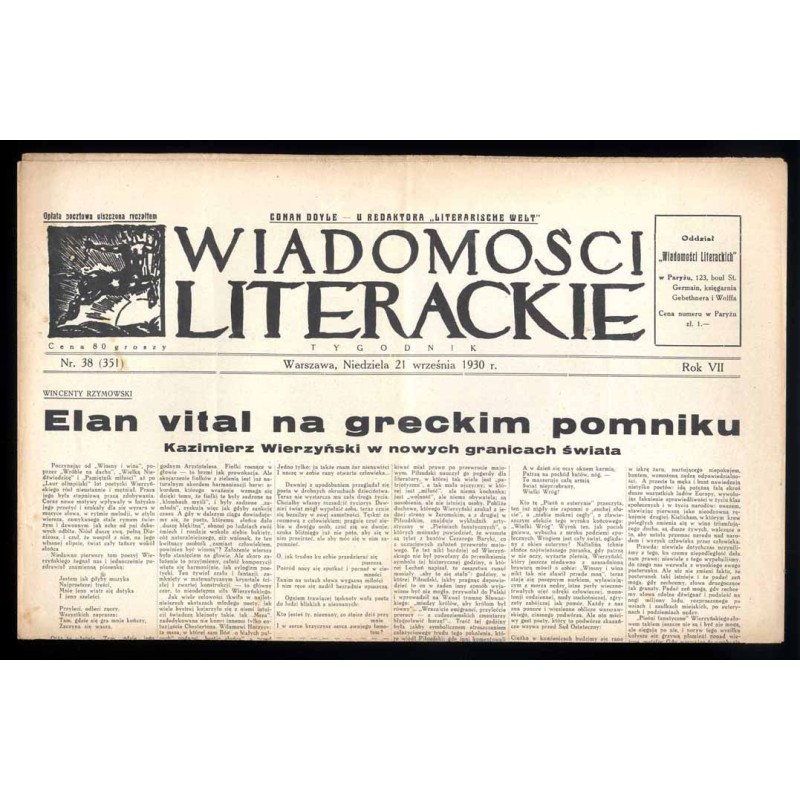 Wiadomości Literackie. Tygodnik. R.7 (1930). Nr 38 (351) (21 września 1930)