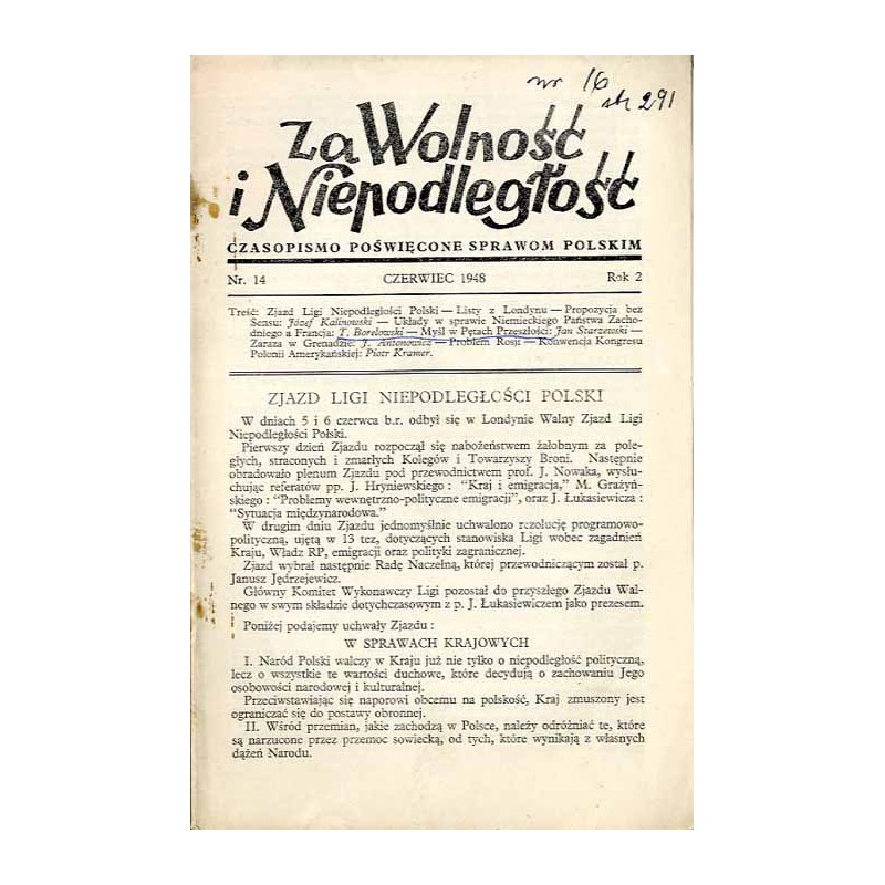 Za Wolność i Niepodległość. Czasopismo poświęcone sprawom polskim. R.2 (1948). Nr 14 (Czerwiec 1948)
