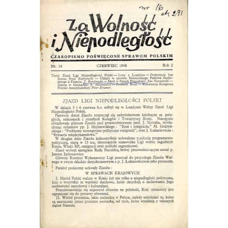 Za Wolność i Niepodległość. Czasopismo poświęcone sprawom polskim. R.2 (1948). Nr 14 (Czerwiec 1948)