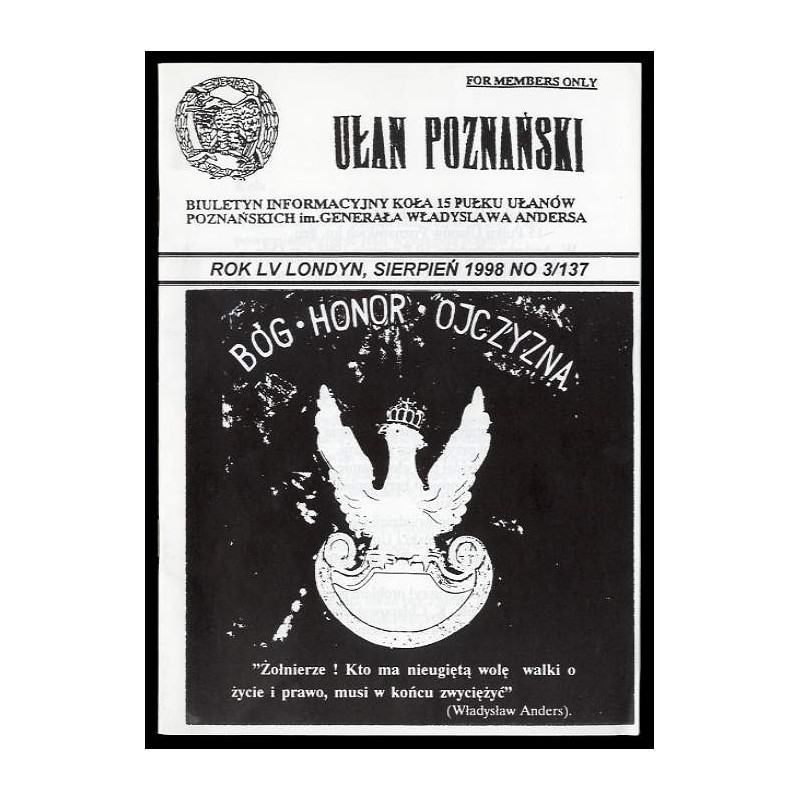 Ułan Poznański. Biuletyn informacyjny Koła 15 Pułku Ułanów Poznańskich Im. Generała Władysława Andersa. R.55 (1998). Nr 3/137 (V