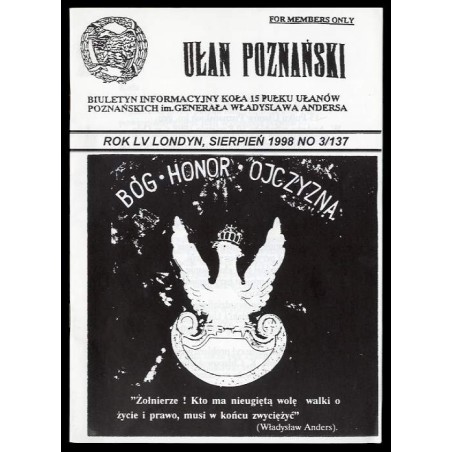 Ułan Poznański. Biuletyn informacyjny Koła 15 Pułku Ułanów Poznańskich Im. Generała Władysława Andersa. R.55 (1998). Nr 3/137 (V