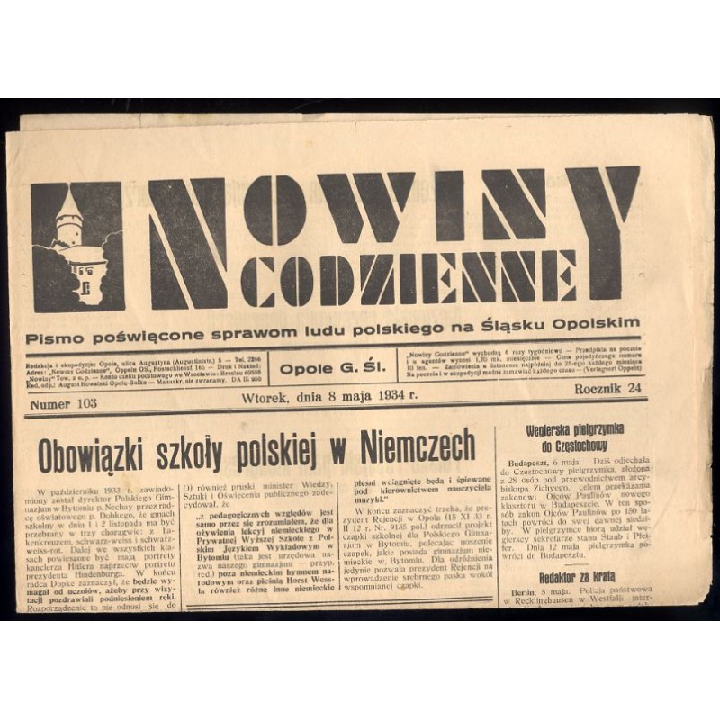 Nowiny Codzienne. Pismo poświęcone sprawom ludu polskiego na Śląsku Opolskim. R.24 (1934). Nr 102 (8 maja 1934)