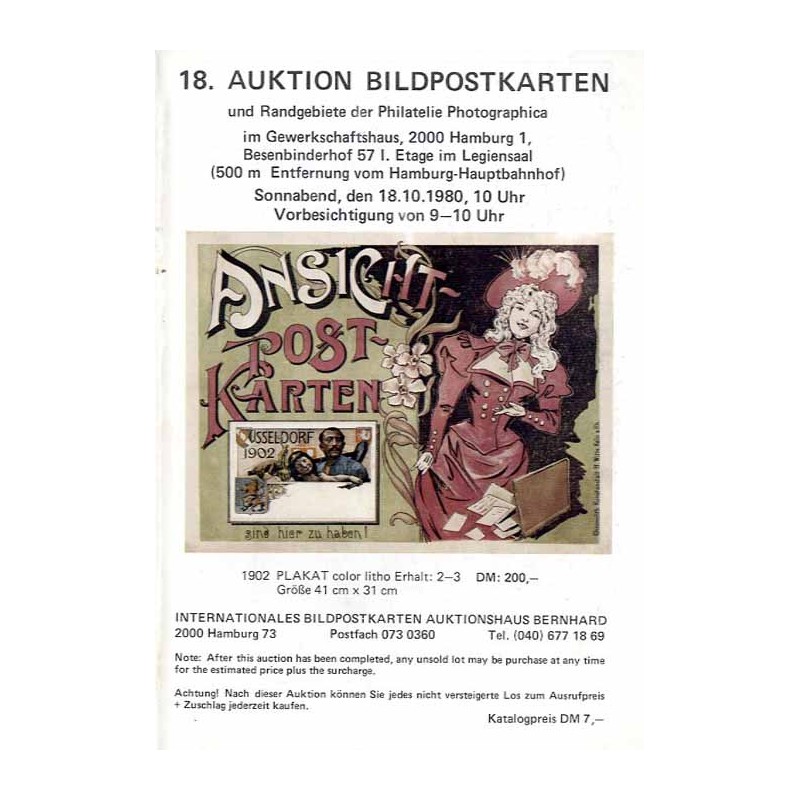 [Martin Bernhard] 18. Auktion Bildpostkarten und Randgebiete der Philatelie Photographica im Gewerkschaftshaus, 2000 Hamburg 1.