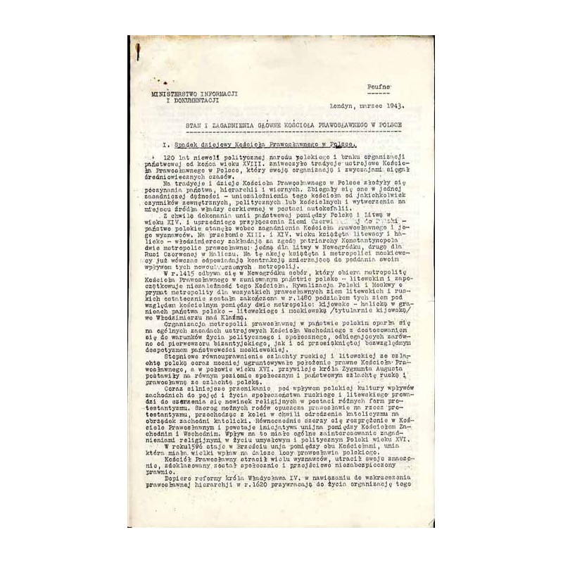 Stan i zagadnienia główne Kościoła Prawosławnego w Polsce. Londyn, marzec 1943