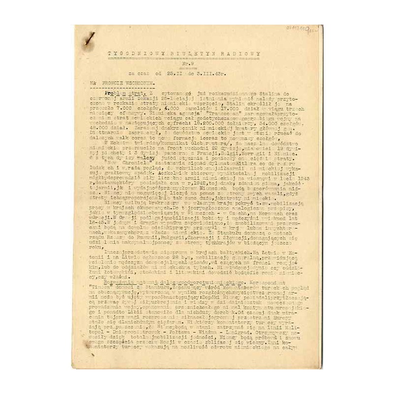 Tygodniowy Biuletyn Radiowy. R. 1 (1943). Nr 9 (25 lutego - 3 marca 1943)