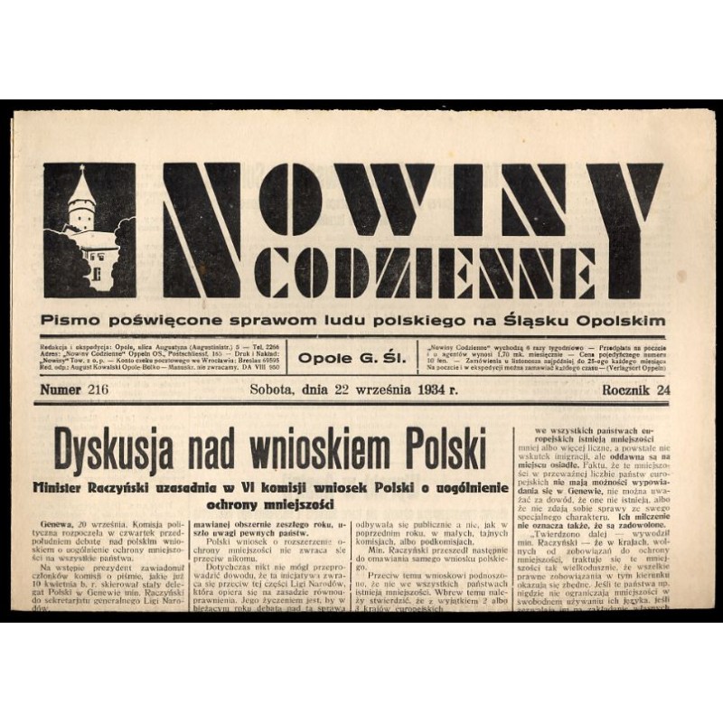 Nowiny Codzienne. Pismo poświęcone sprawom ludu polskiego na Śląsku Opolskim. R.24 (1934). Nr 216 (22 września 1934)