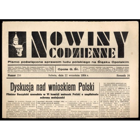Nowiny Codzienne. Pismo poświęcone sprawom ludu polskiego na Śląsku Opolskim. R.24 (1934). Nr 216 (22 września 1934)