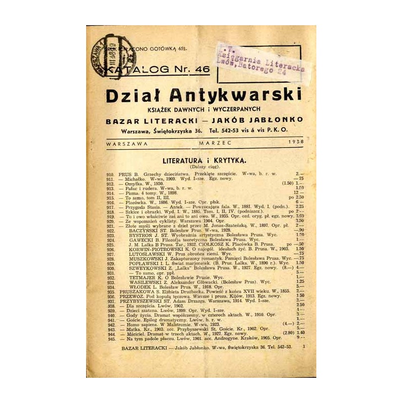 Dział Antykwarski książek dawnych i wyczerpanych. Bazar Literacki - Jakób Jabłonko. Warszawa, Świętokrzyska 36 [...] (1938). Kat