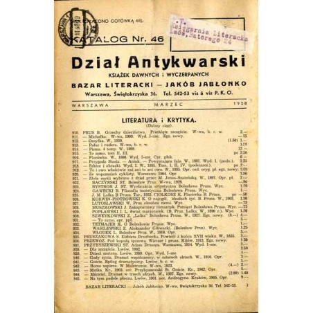 Dział Antykwarski książek dawnych i wyczerpanych. Bazar Literacki - Jakób Jabłonko. Warszawa, Świętokrzyska 36 [...] (1938). Kat