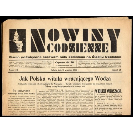 Nowiny Codzienne. Pismo poświęcone sprawom ludu polskiego na Śląsku Opolskim. R.26 (1936). Nr 210 (12 września 1936)
