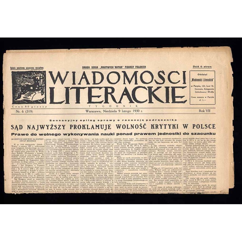 Wiadomości Literackie. Tygodnik. R.7 (1930). Nr 6 (319) (9 lutego 1930)
