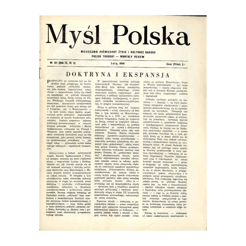 Myśl Polska. Dwutygodnik poświęcony życiu i kulturze narodu  Polish Thought. Fortnightly review. R.9 (1949). Nr 2 (131) (Luty 1