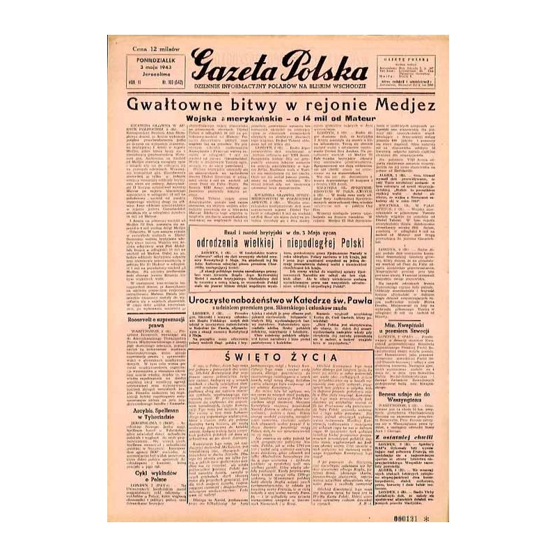 Gazeta Polska. Dziennik informacyjny Polaków na Bliskim Wschodzie. R.3 (1943). Nr 103 (542) (3 maja 1943)