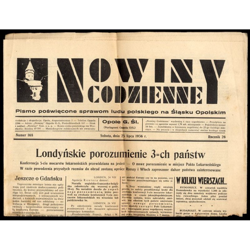 Nowiny Codzienne. Pismo poświęcone sprawom ludu polskiego na Śląsku Opolskim. R.26 (1936). Nr 168 (25 lipca 1936)
