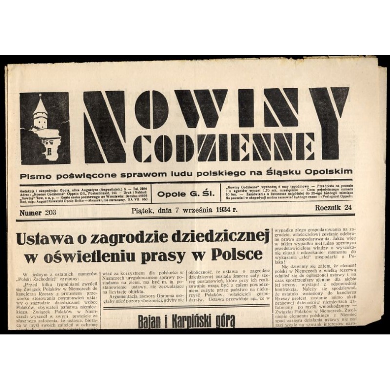 Nowiny Codzienne. Pismo poświęcone sprawom ludu polskiego na Śląsku Opolskim. R.24 (1934). Nr 203 (7 września 1934)