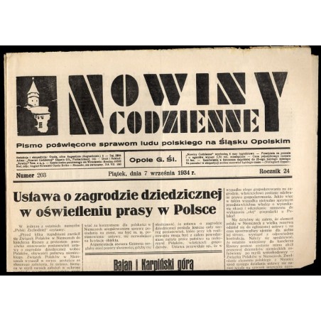 Nowiny Codzienne. Pismo poświęcone sprawom ludu polskiego na Śląsku Opolskim. R.24 (1934). Nr 203 (7 września 1934)