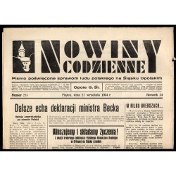 Nowiny Codzienne. Pismo poświęcone sprawom ludu polskiego na Śląsku Opolskim. R.24 (1934). Nr 215 (21 września 1934)