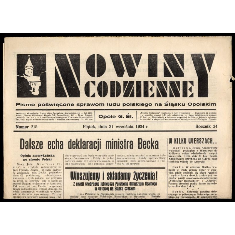Nowiny Codzienne. Pismo poświęcone sprawom ludu polskiego na Śląsku Opolskim. R.24 (1934). Nr 215 (21 września 1934)