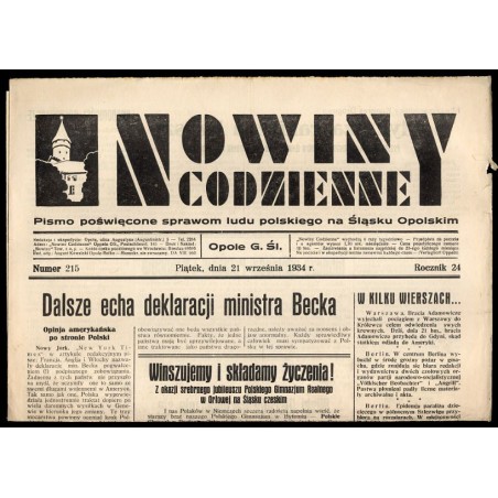 Nowiny Codzienne. Pismo poświęcone sprawom ludu polskiego na Śląsku Opolskim. R.24 (1934). Nr 215 (21 września 1934)