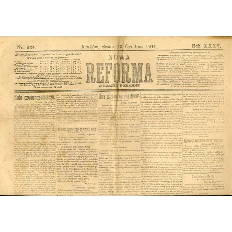 Nowa Reforma. R.35 (1916). Nr 624 (13 grudnia 1916). Wydanie poranne