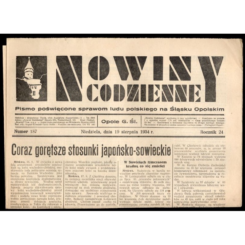 Nowiny Codzienne. Pismo poświęcone sprawom ludu polskiego na Śląsku Opolskim. R.24 (1934). Nr 187 (19 sierpnia 1934)