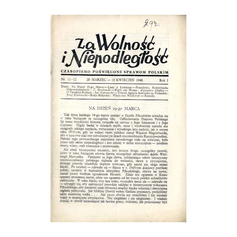 Za Wolność i Niepodległość. Czasopismo poświęcone sprawom polskim. R.1 (1948). Nr 11-12 (20 Marzec - 20 Kwiecień 1948)