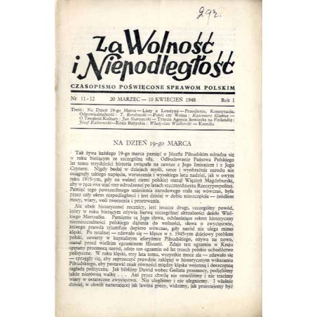 Za Wolność i Niepodległość. Czasopismo poświęcone sprawom polskim. R.1 (1948). Nr 11-12 (20 Marzec - 20 Kwiecień 1948)
