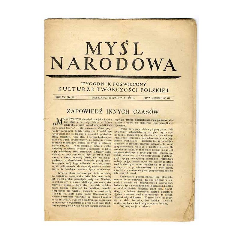 Myśl Narodowa. Tygodnik poświęcony kulturze twórczości polskiej. R.15 (1935). Nr 15 (14 kwietnia 1935)