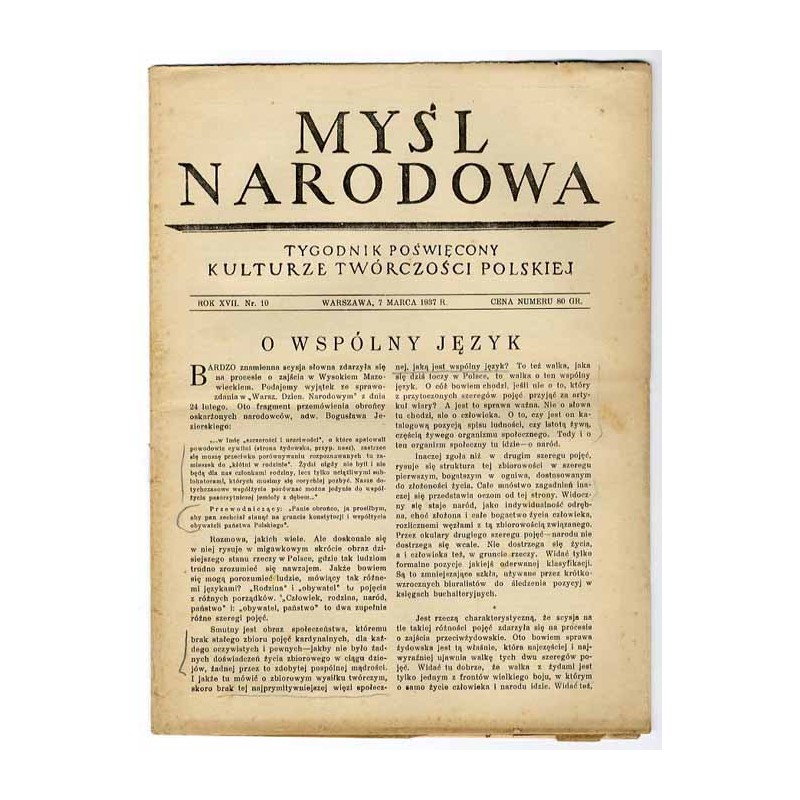 Myśl Narodowa. Tygodnik poświęcony kulturze twórczości polskiej. R.17 (1937). Nr 10 (7 marca 1937)