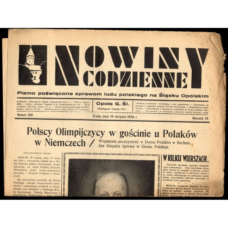 Nowiny Codzienne. Pismo poświęcone sprawom ludu polskiego na Śląsku Opolskim. R.26 (1936). Nr 189 (19 sierpnia 1936)