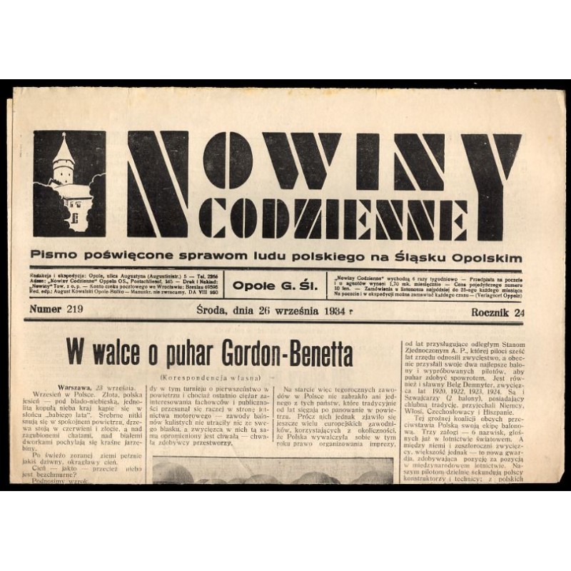 Nowiny Codzienne. Pismo poświęcone sprawom ludu polskiego na Śląsku Opolskim. R.24 (1934). Nr 219 (26 września 1934)