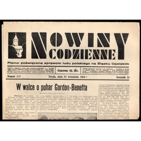 Nowiny Codzienne. Pismo poświęcone sprawom ludu polskiego na Śląsku Opolskim. R.24 (1934). Nr 219 (26 września 1934)